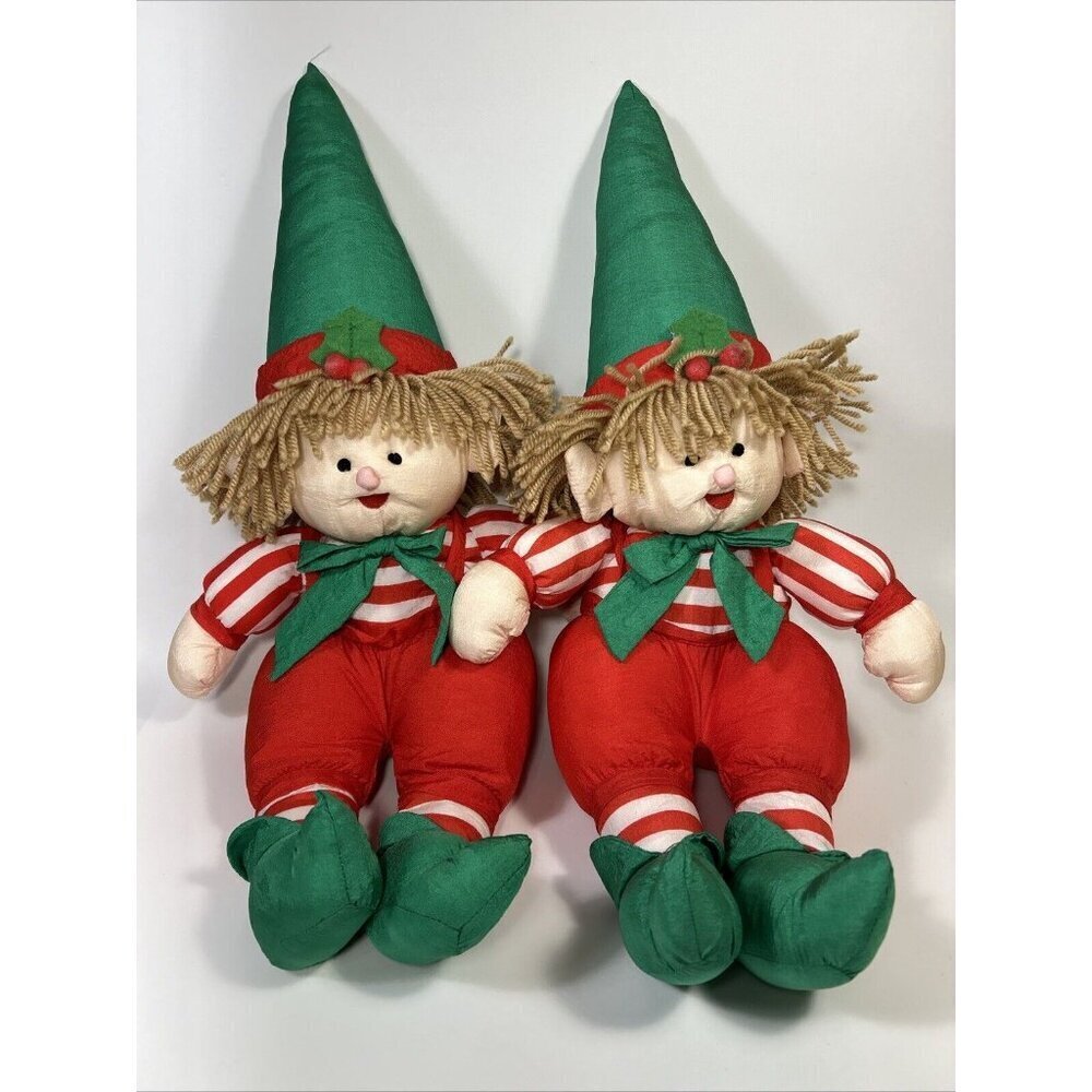 Vintage Nylon Elf W Yarn Hair Parachute Plush Christmas Stuffy Decor Twin Elves
